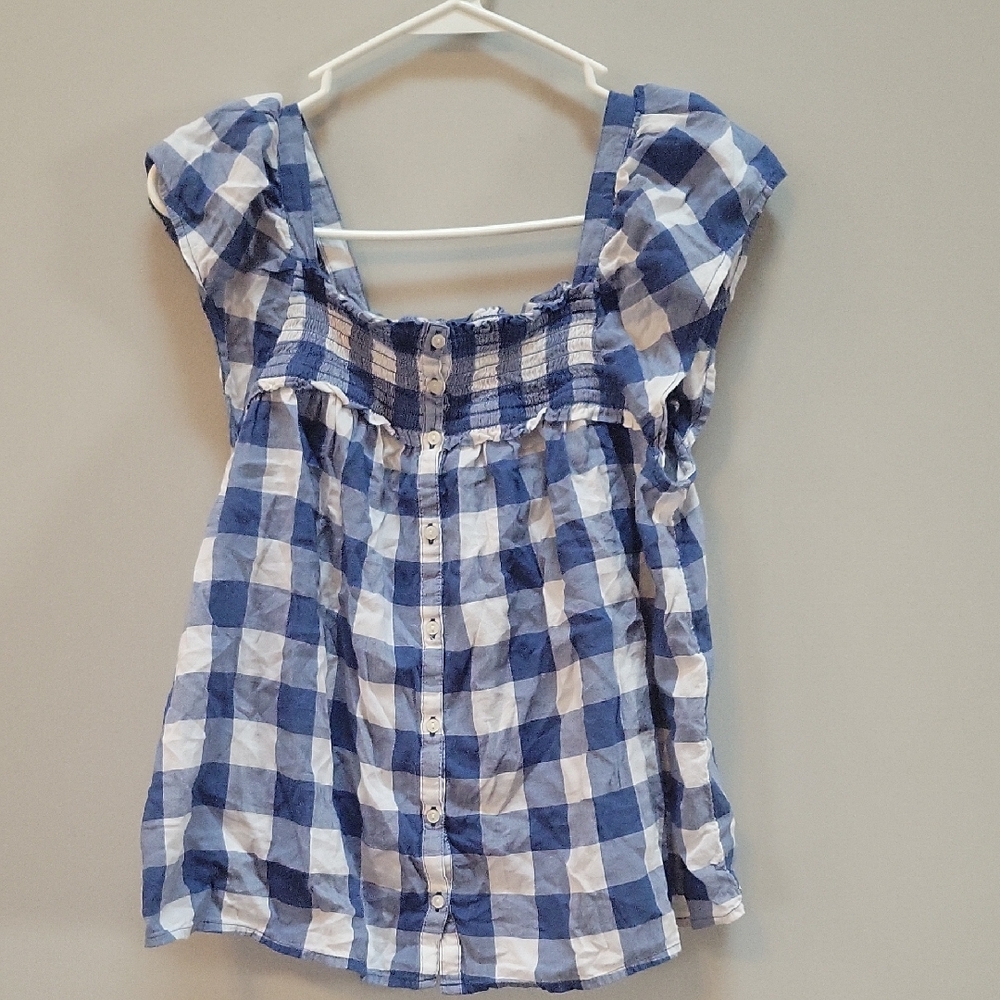 Old Navy Blue and White Gingham Button-Front Peasant Top